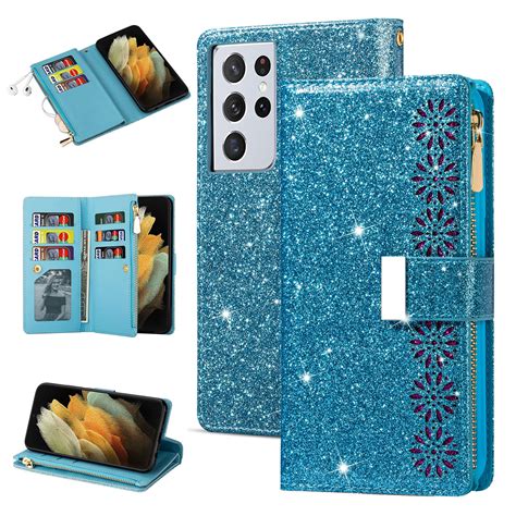 Dteck Galaxy S21 Ultra Wallet Case, Bling Sparkle Glitter PU Leather Magnetic Flip Case with ...