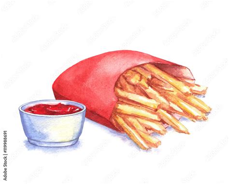 Watercolor illustration of hand-drawn French fries with ketchup ...