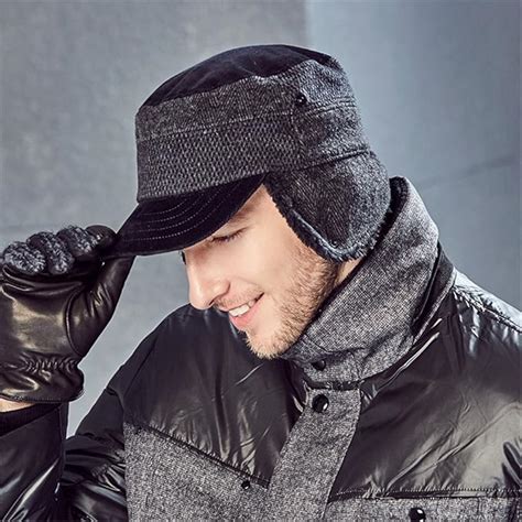 Kenmont Winter Men's Cap with Ear Flap Herringbone Flat Caps Warm Woolen Fleece Peaked Baseball ...