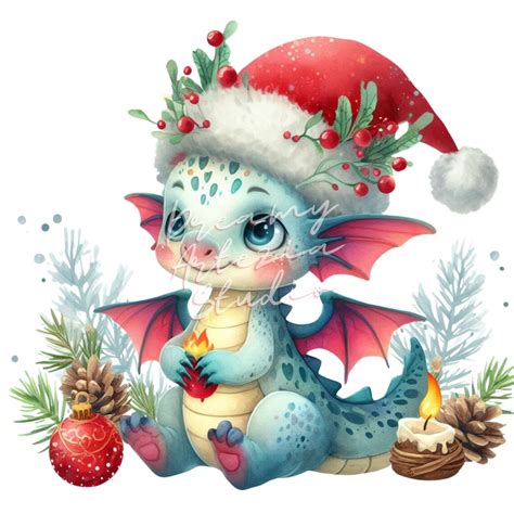 Watercolor Christmas Dragon Cute Clipart PNG Set, 20 Christmas Clipart, Commercial Use ...