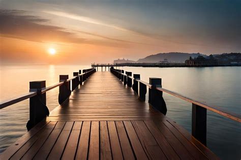 Premium AI Image | a wooden pier with a sunset in the background