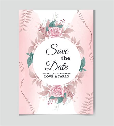 Floral wedding invitation template with pink Rose flower greenery ...