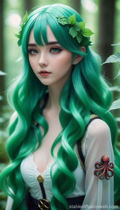 create a 2d anime girl with green hair like forest leaves Prompts | Stable Diffusion Online