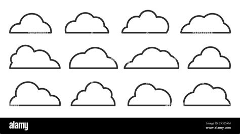 Clouds black thin line icon set. Outline database, network, internet cloud storage sign ...