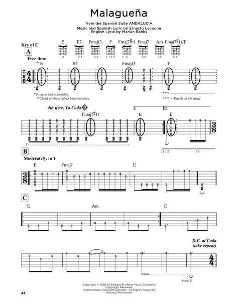 Malaguena by Ernesto Lecuona - Guitar Lead Sheet - Guitar Instructor