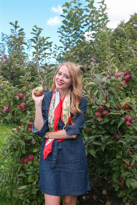 Apple picking outfit: a casual denim dress is more sophisticated with a vintage silk scarf in a ...