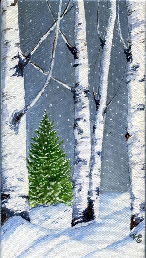 Birch Winter Scene | Winter painting, Christmas paintings on canvas, Tree painting