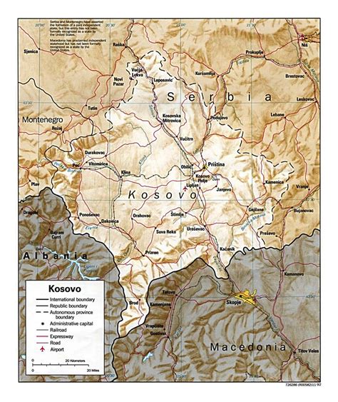 Detailed political map of Kosovo with relief, roads, railroads, cities ...