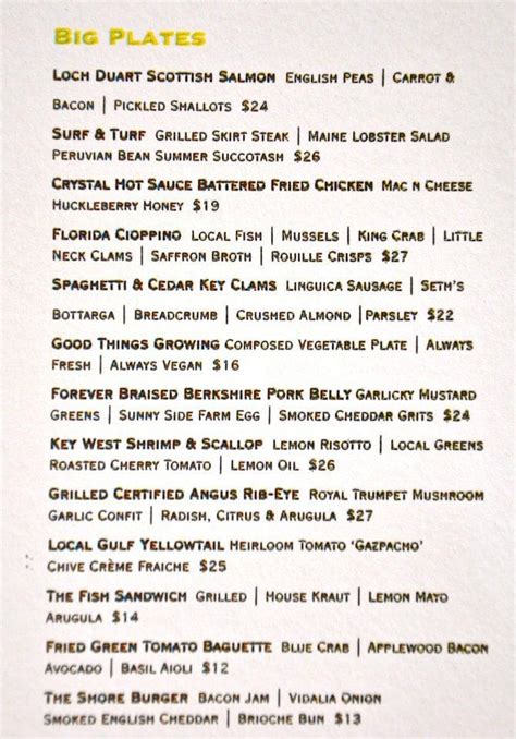 Menu at Shore St. Armands restaurant, Sarasota