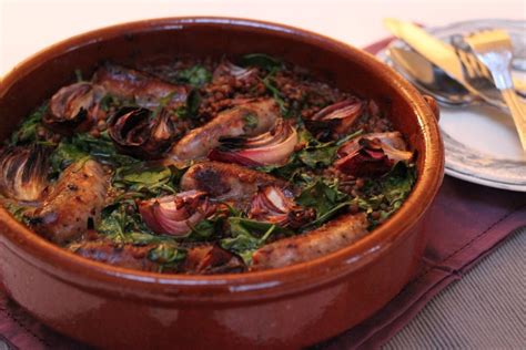 Toulouse sausages with roasted red onions, spinach and puy lentils | Savoury food, Sausage ...