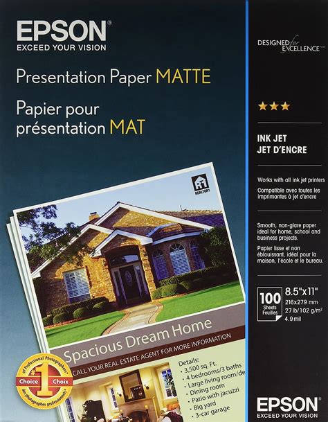 Amazon.com : Epson Presentation Paper Matte, 8.5 x 11 Inch, 100 Count ...