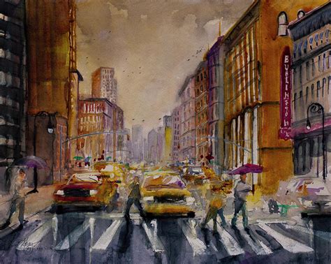 New York Cityscape Rainy Morning Commute Painting by Gray Artus - Fine ...