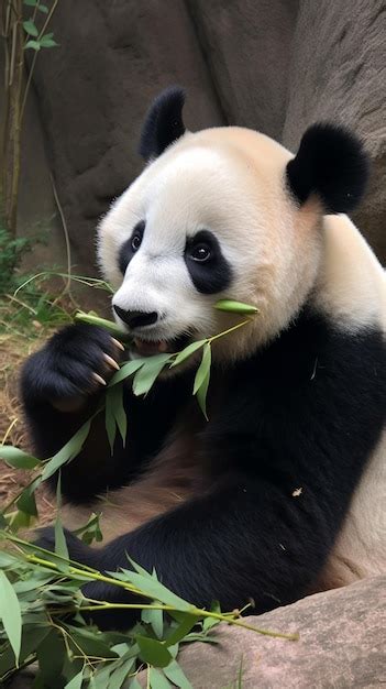 Premium AI Image | A panda eats leaves in a zoo.