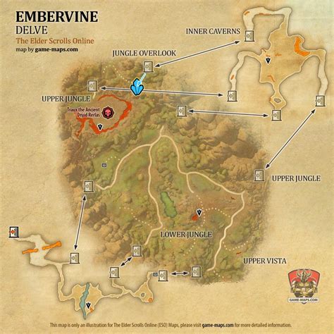 ESO Embervine Delve Map with Skyshard and Boss location in Galen