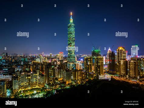 View of Taipei 101 and the Taipei skyline at night, from Elephant Mountain, in Taipei, Taiwan ...