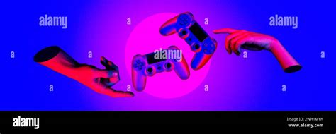 Two hands reaching towards floating game controllers against gradient neon background. Streaming ...