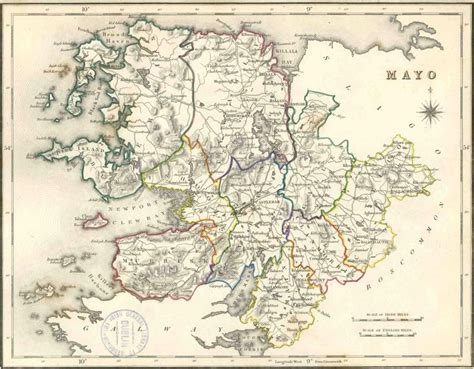 an old map of mayo, ireland with all the towns and roads marked in red