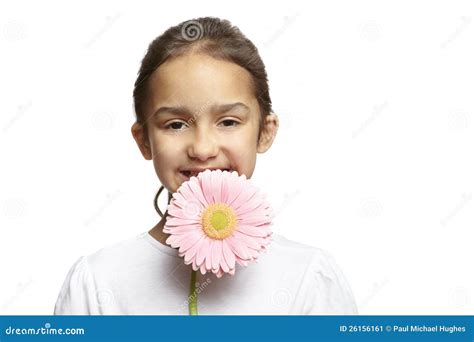 Girl Smiling with Pink Flower Stock Image - Image of year, female: 26156161