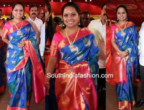 Kavitha Kalvakuntla in a blue Kanjeevaram saree – South India Fashion