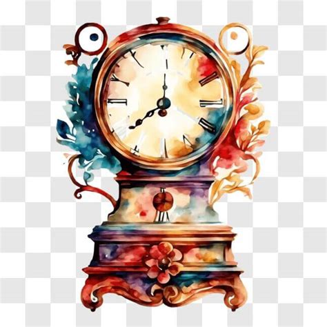 Download Colorful Clock with Floral Designs on Ornate Wooden Base PNG ...