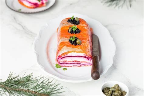 Salmon Terrine with Cream Cheese and Beet Stock Photo - Image of ...