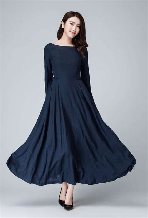 dark blue dress, linen dress, fall dress, prom dress, party dress, pleated dress, elegant dress ...