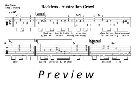 Reckless Fingerstyle Tab & Chords - Australian Crawl