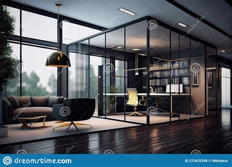 A Modern Open Space Office with Glass Walls, Sleek Furniture and Cool ...