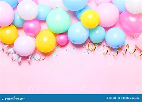 Pink Birthday Background with Balloons, Confetti and Streamers, Top ...