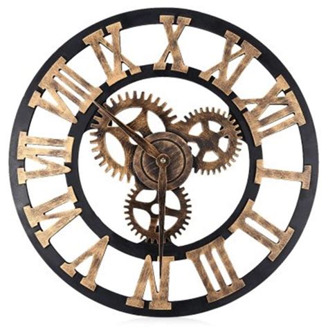 Wall Clock Wheel Gear Antique Wooden Round Rustic Roman Numerals Silent Large Kitchen Wall Clock ...