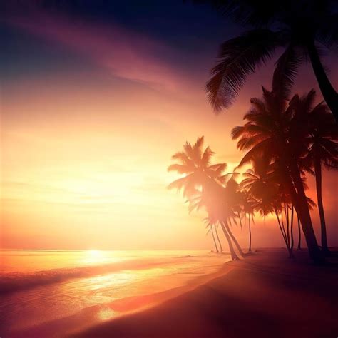 Premium AI Image | A beach at sunset with palm trees and a sunset in ...