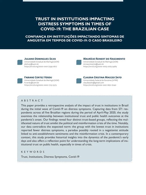 (PDF) TRUST IN INSTITUTIONS IMPACTING DISTRESS SYMPTOMS IN TIMES OF COVID-19: THE BRAZILIAN CASE ...