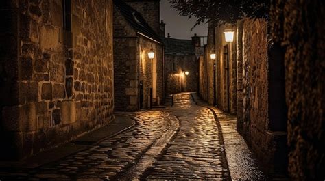 Premium AI Image | A cobblestone street at night with lights on.