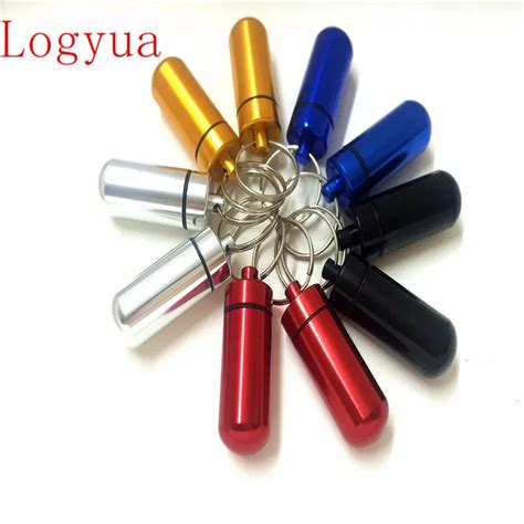 100 X Aluminum Pill Box Case Bottle keychain Container With Keyring Car Keychains Medicine Box ...