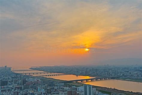 High Angle View of Osaka City with Yodo River at Sunset Time. Stock ...