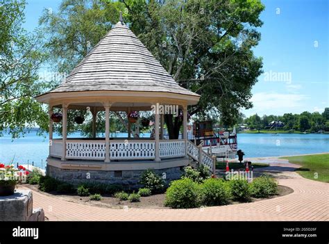 SKANEATELES, NEW YORK - 17 JUNE 2021: Gazebo in Clift Park on the shore of Skaneateles Lake ...