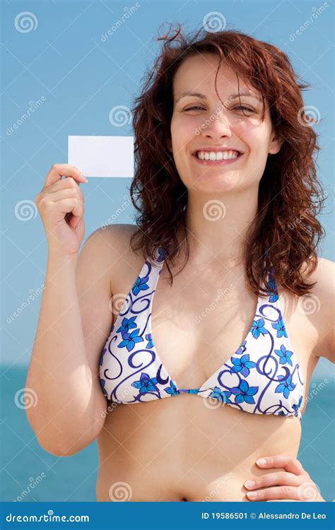 Woman with Business Card on a Beach Stock Image - Image of eyes, white: 19586501