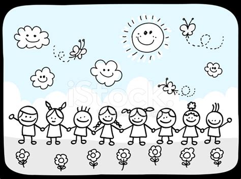 Happy Children Friends Group Holding Hands Summer Nature Cartoon Stock ...