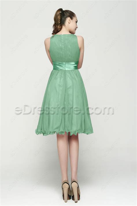 Modest Pastel Green Bridesmaid Dresses Tea Length