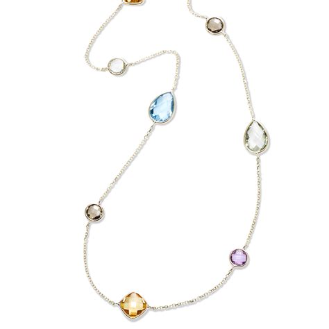 Multi Stone Station Necklace, 36 Inches, 14K Yellow Gold | Gemstone ...