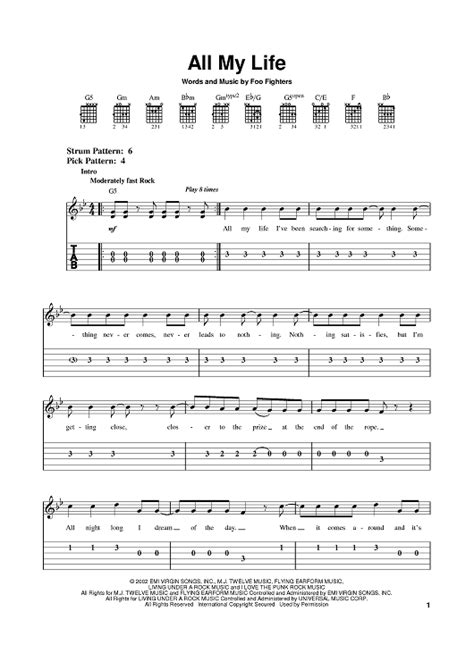 All My Life" Sheet Music by Foo Fighters for Easy Guitar Tab - Sheet ...