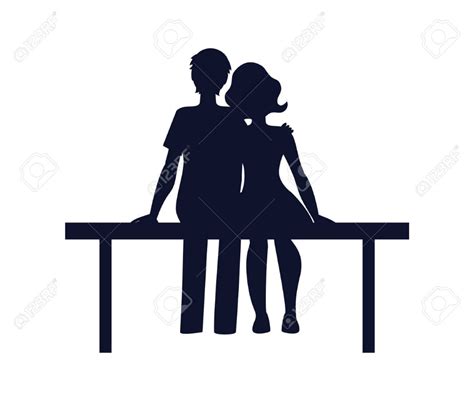 Couple in love cuddling and sitting on bench, silhouette of man and ...