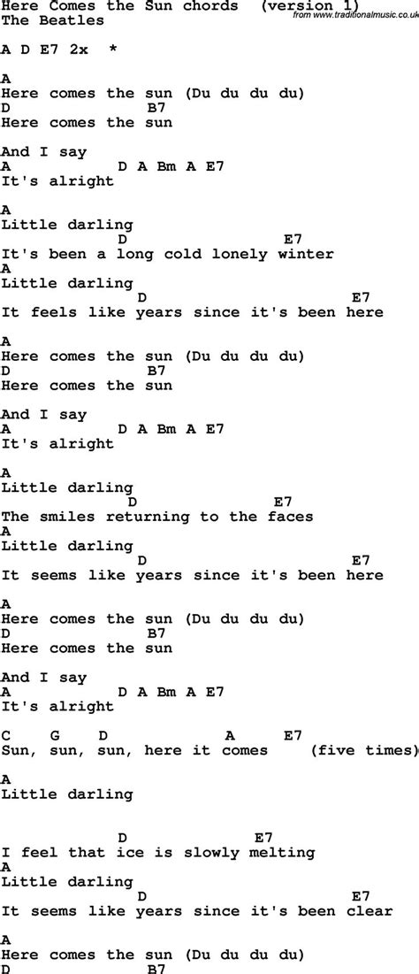 Song lyrics with guitar chords for Here Comes The Sun - The Beatles in 2022 | Guitar chords for ...