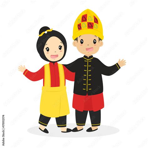 Indonesian boy and girl wearing Aceh traditional dress, cartoon vector illustration Stock Vector ...