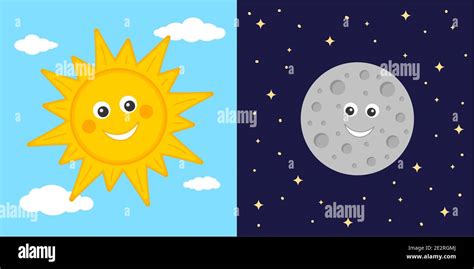 Day and night concept. Cute sun and moon characters. Sun on blue cloudy ...