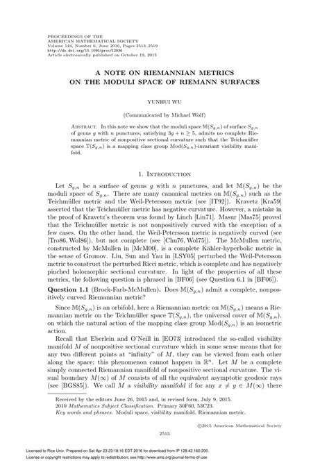 (PDF) A note on Riemannian metrics on the moduli space of Riemann surfaces