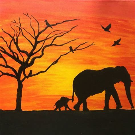 Elephant Sunset Painting Canvas Decor Animals Silhouette Acrylic Handmade | Sunset painting ...