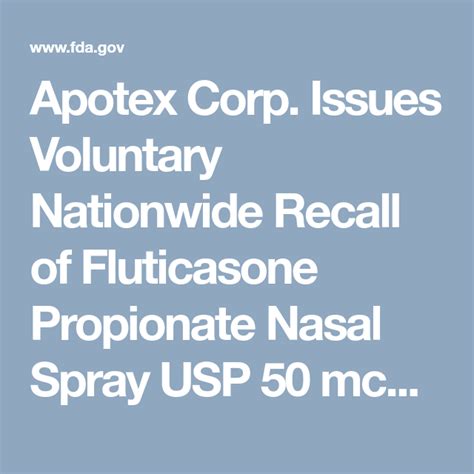 Apotex Corp. Issues Voluntary Nationwide Recall of Fluticasone Propionate Nasal Spray USP 50 mcg ...