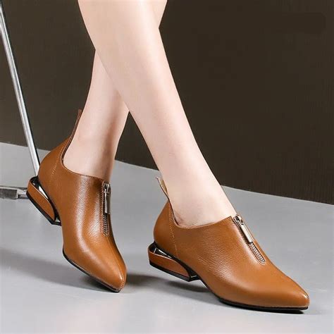 2019 Fashion Women Pumps Shoes Low Heel Pointed Toe Pumps Solid Leather Women Casual Shoes ...