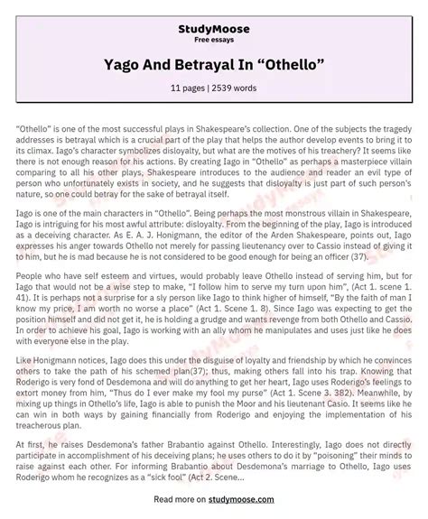 Yago And Betrayal In “Othello” Free Essay Example